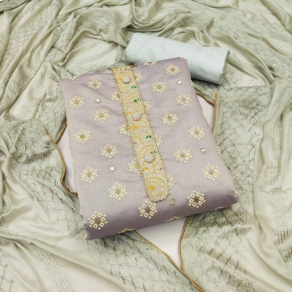 Grey Embroidered With Mirror Work Chanderi Dress Material