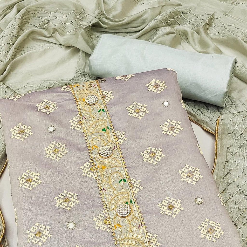 Grey Embroidered With Mirror Work Chanderi Dress Material