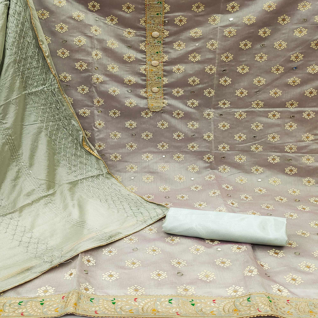 Grey Embroidered With Mirror Work Chanderi Dress Material