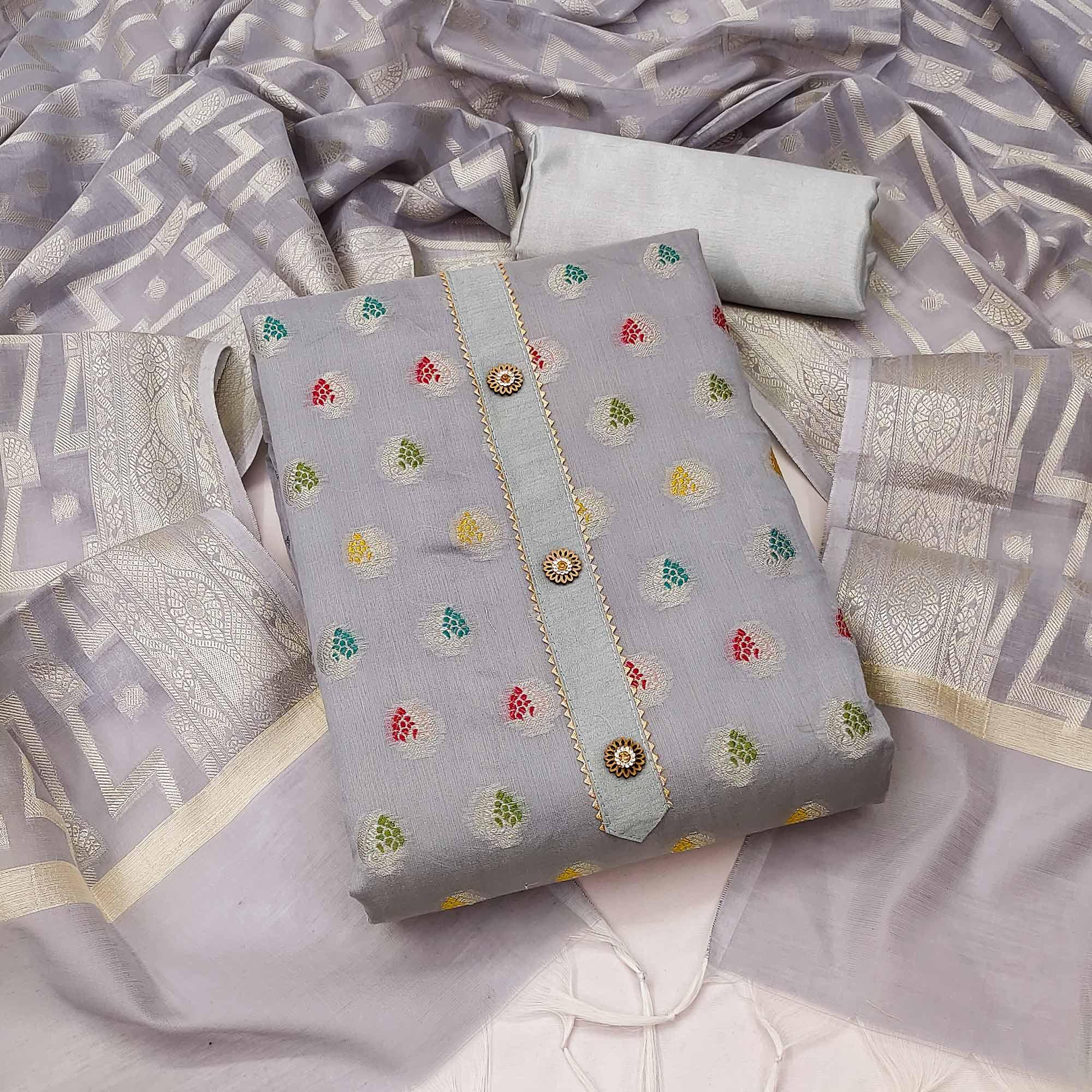 Grey Embroidered With Woven Banarasi Silk Dress Material