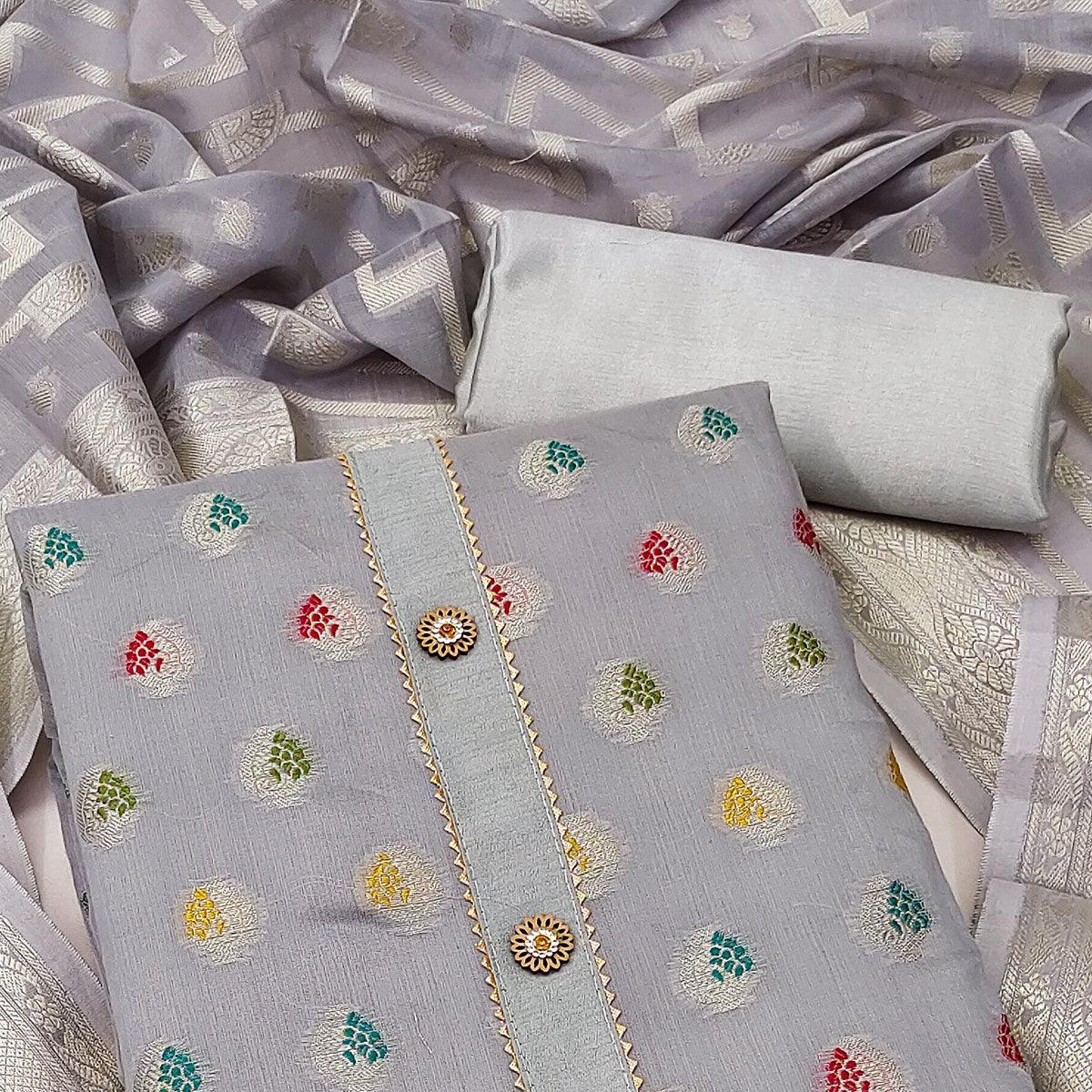 Grey Embroidered With Woven Banarasi Silk Dress Material