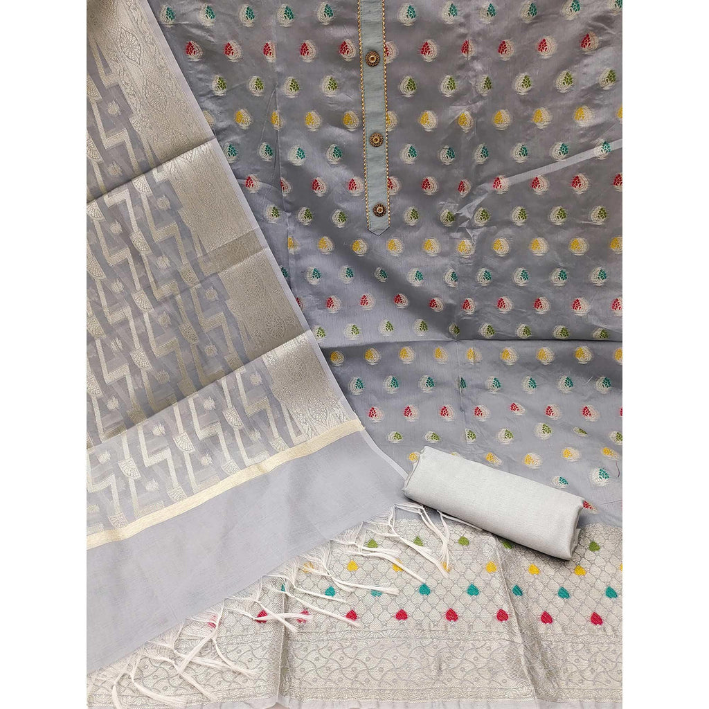 Grey Embroidered With Woven Banarasi Silk Dress Material