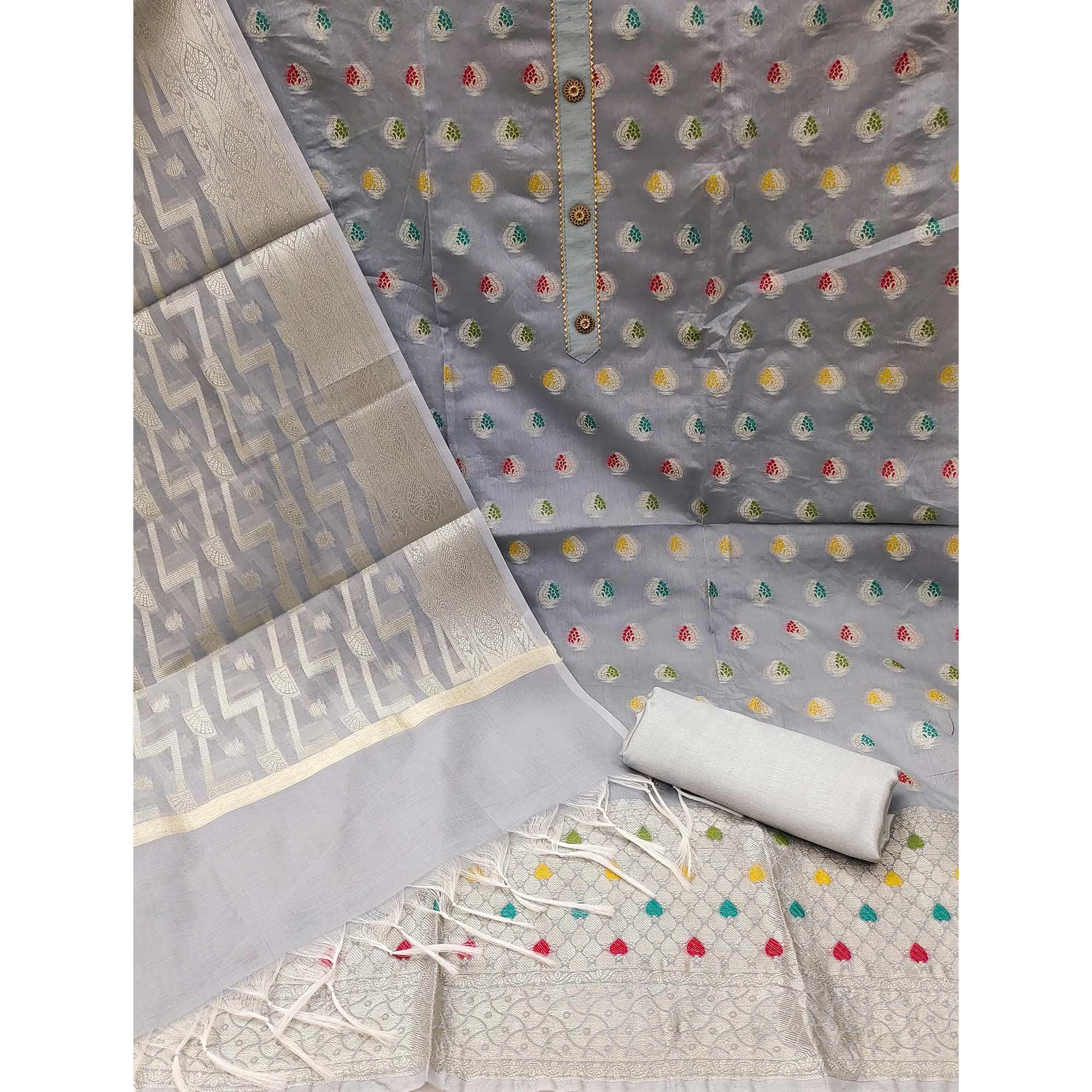 Grey Embroidered With Woven Banarasi Silk Dress Material