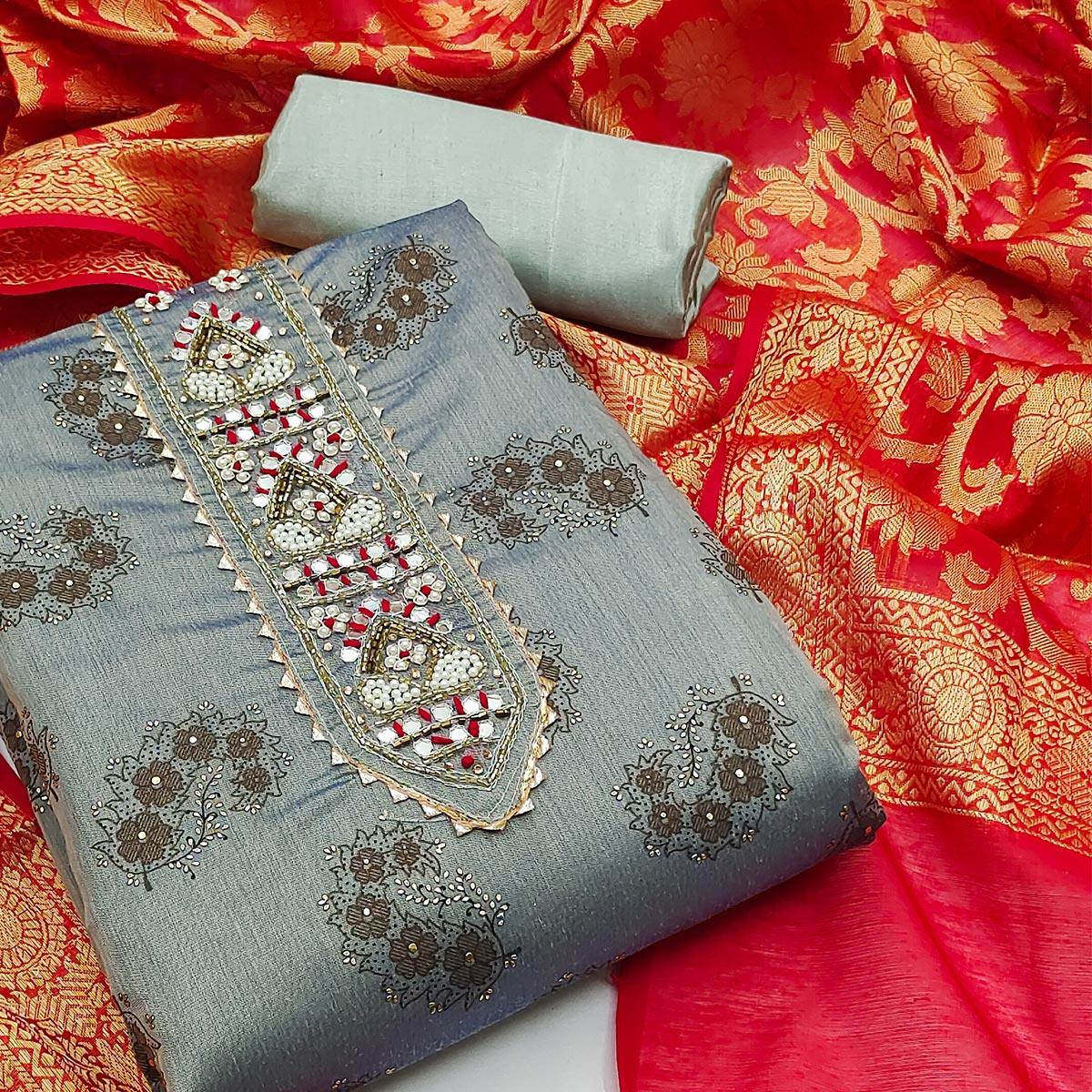 Grey Festive Wear Embroidered Floral Printed Chanderi Dress Material