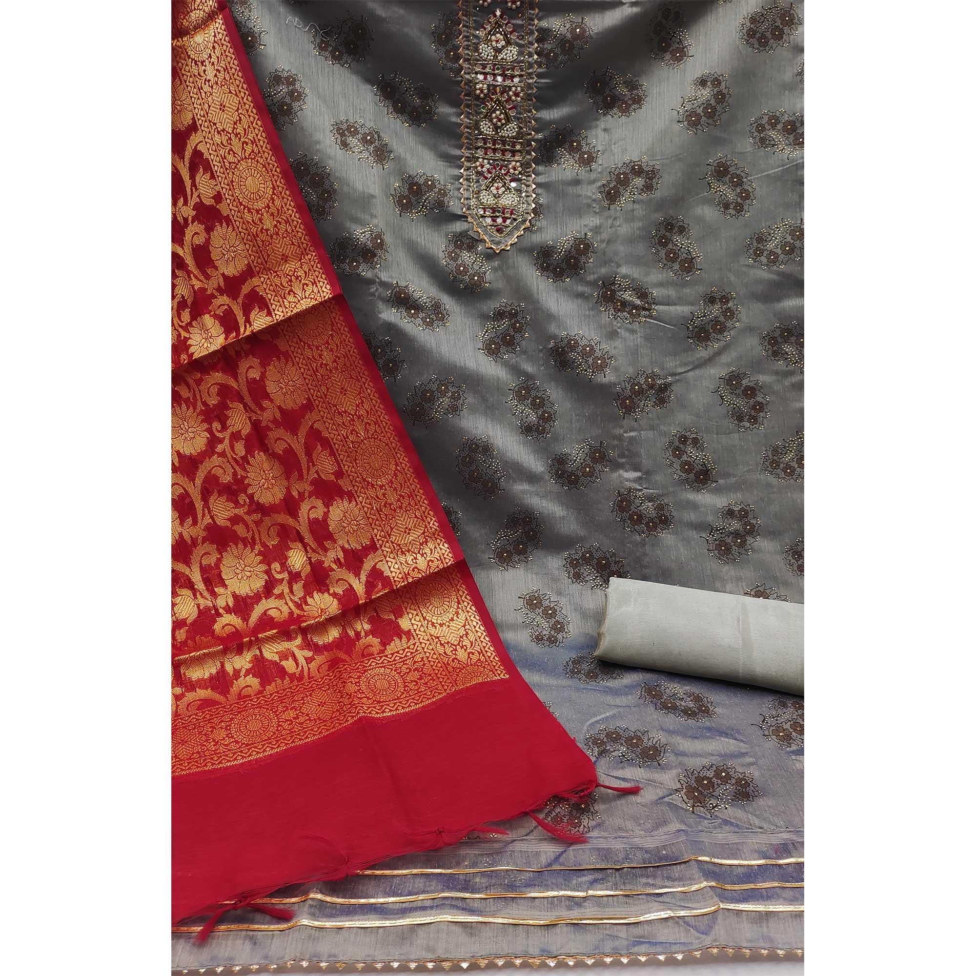 Grey Festive Wear Embroidered Floral Printed Chanderi Dress Material