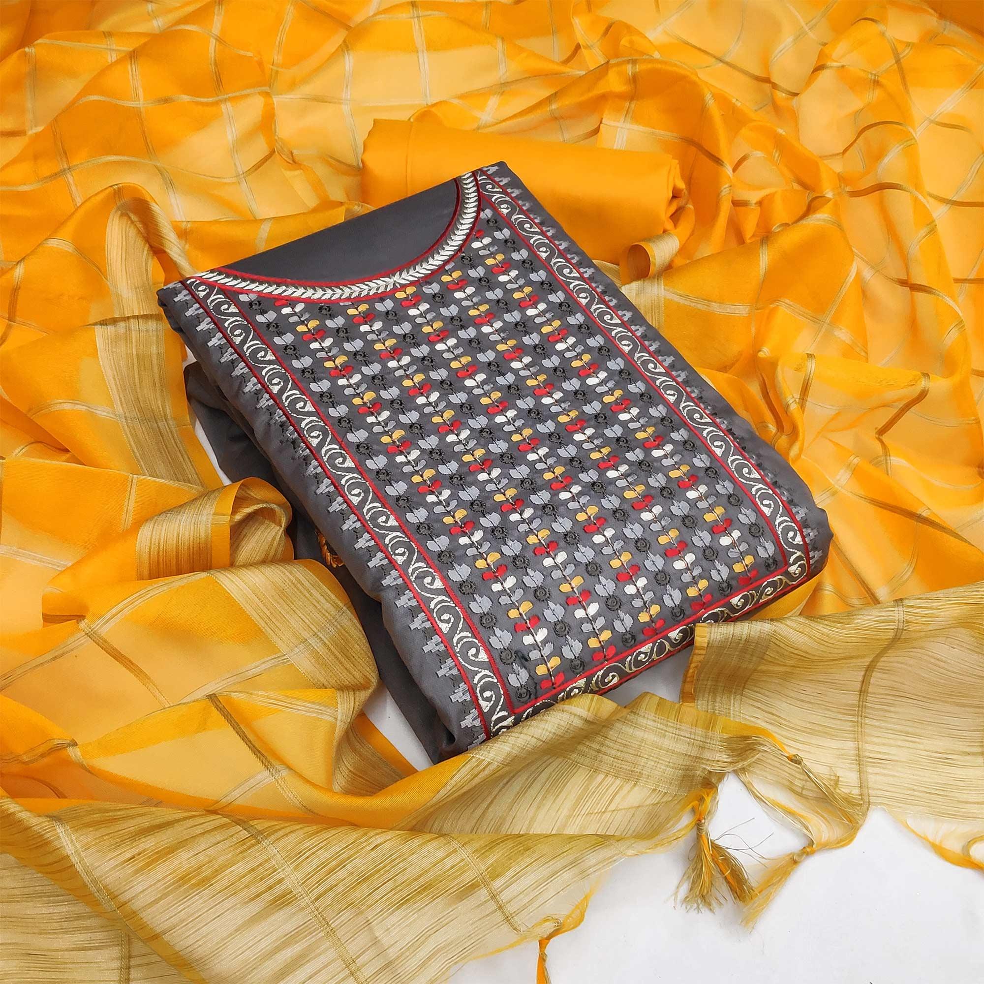 Grey Festive Wear Floral Embroidered Cotton Dress Material