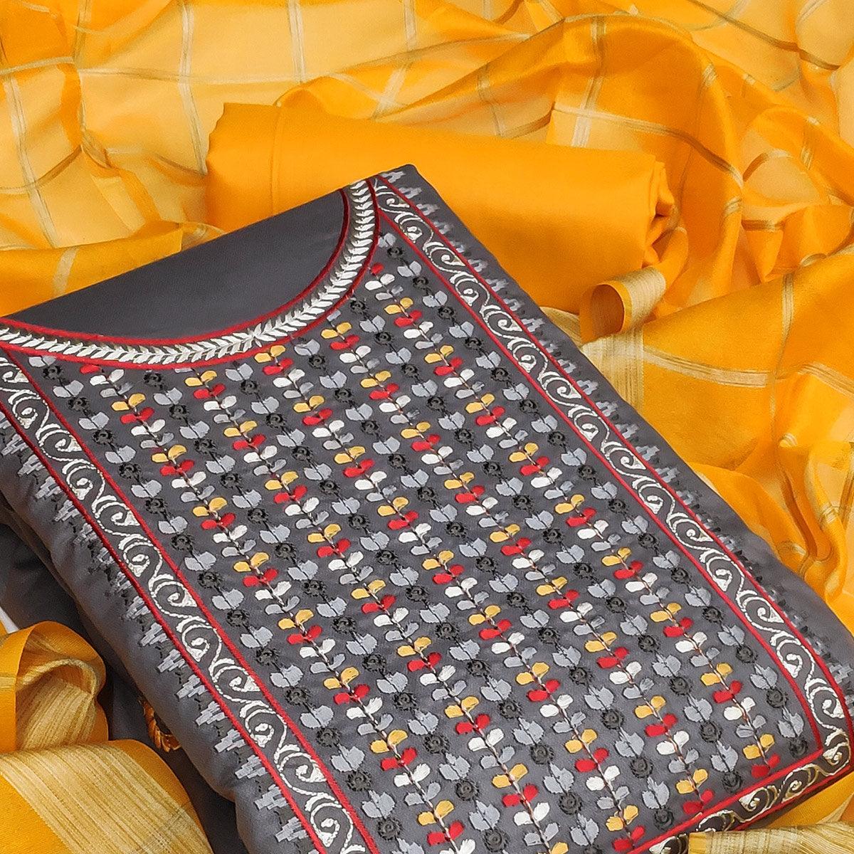 Grey Festive Wear Floral Embroidered Cotton Dress Material