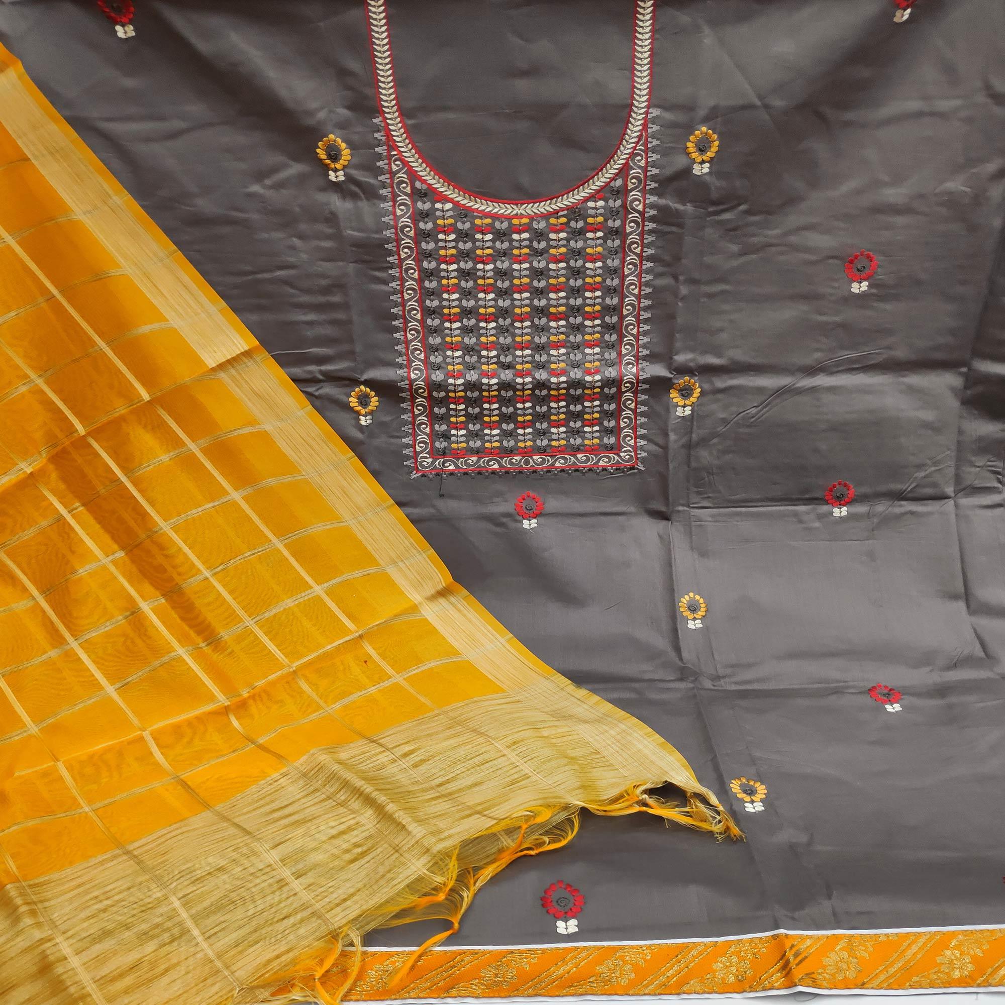 Grey Festive Wear Floral Embroidered Cotton Dress Material