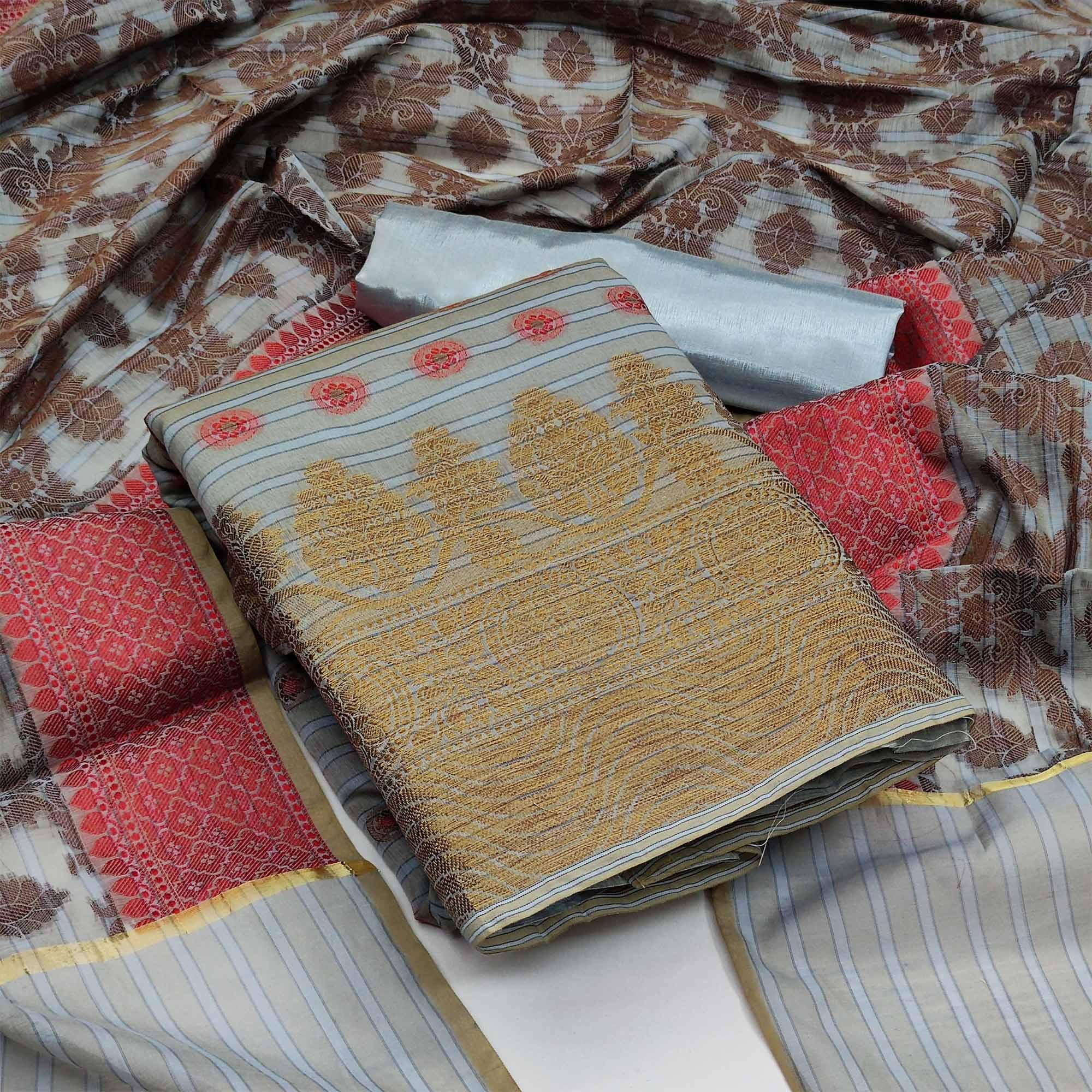 Grey Festive Wear Woven Banarasi Silk Jacquard Dress Material