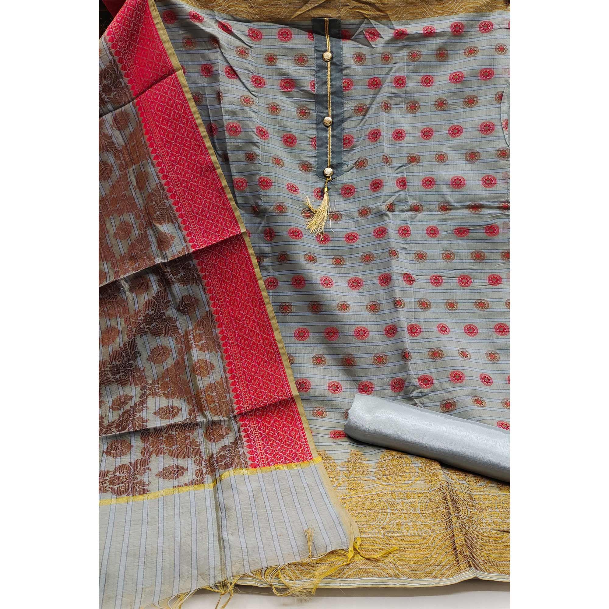 Grey Festive Wear Woven Banarasi Silk Jacquard Dress Material