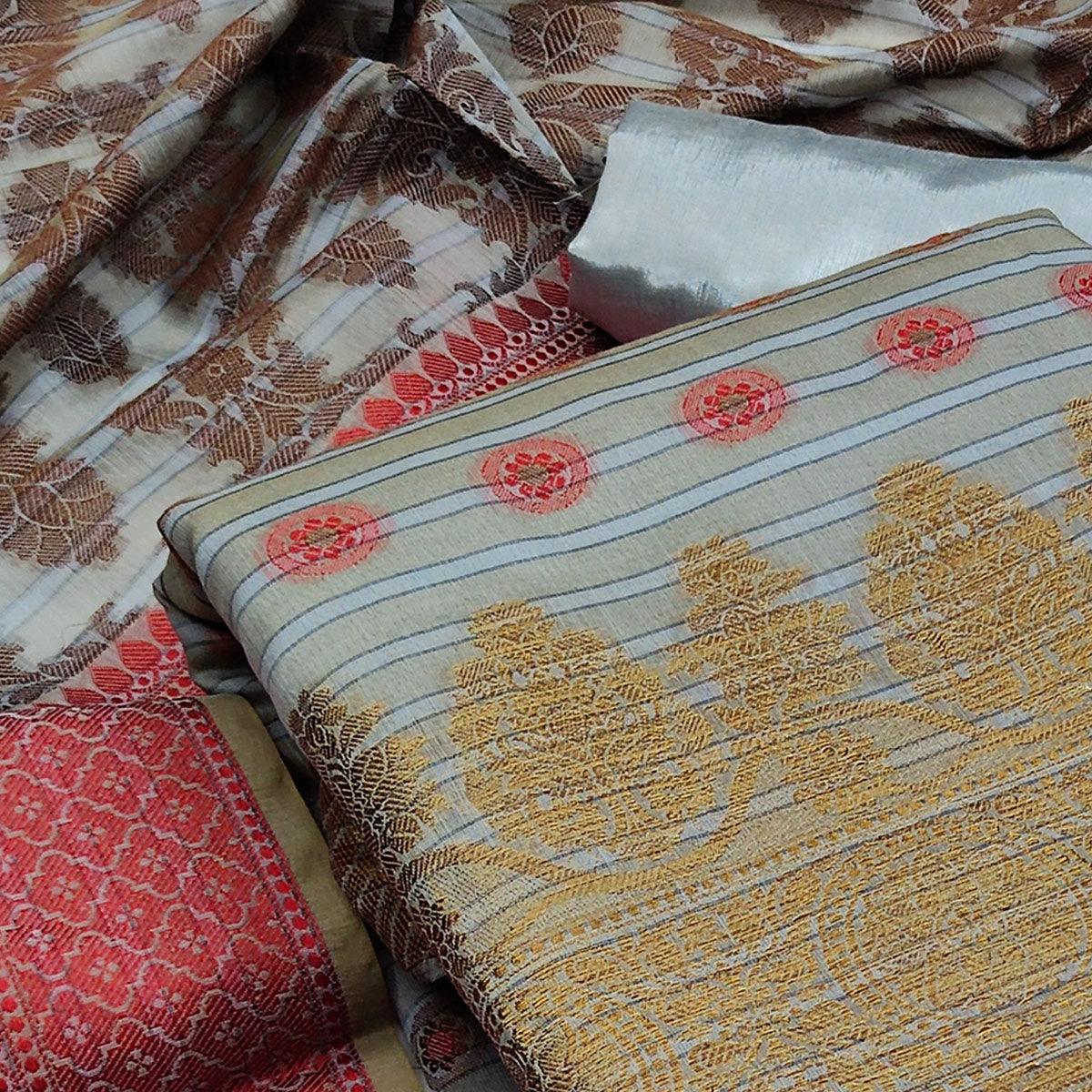 Grey Festive Wear Woven Banarasi Silk Jacquard Dress Material