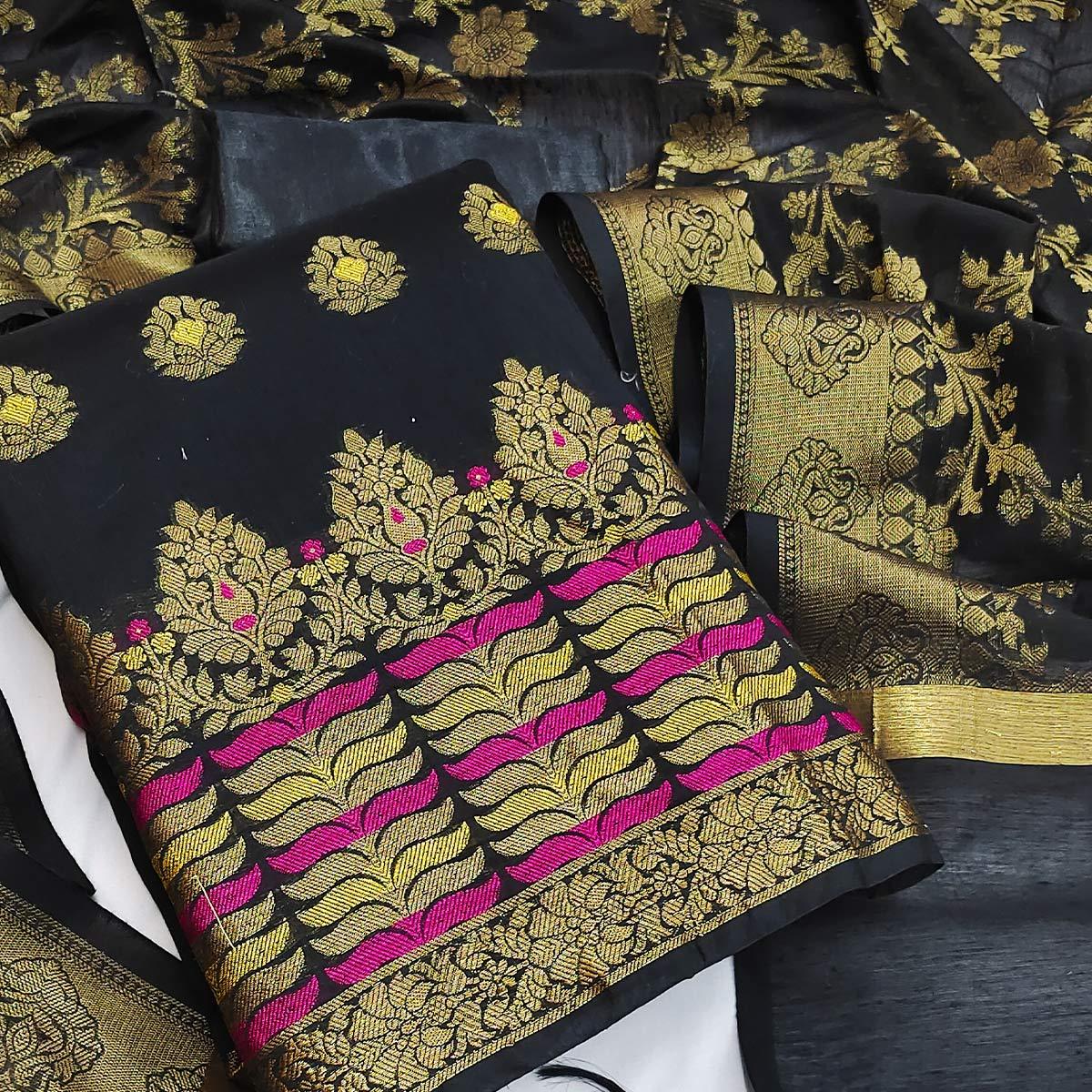 Grey Festive Wear Woven Work with Tassels Banarasi Jacquard Dress Material