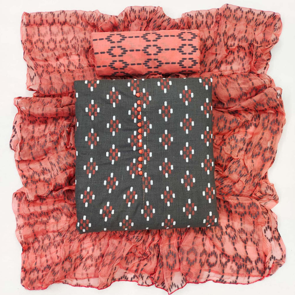 Grey Ikkat Printed Cotton Blend Dress Material