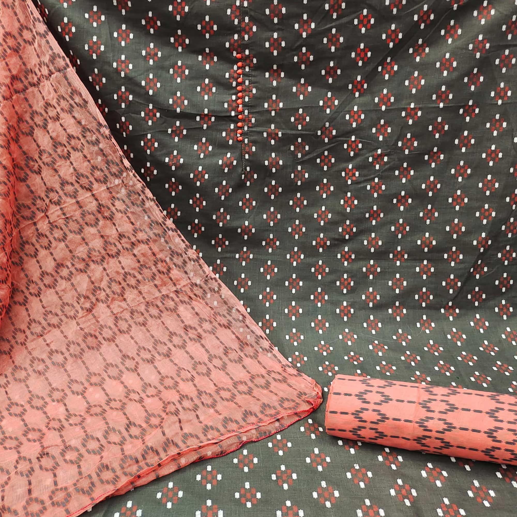 Grey Ikkat Printed Cotton Blend Dress Material