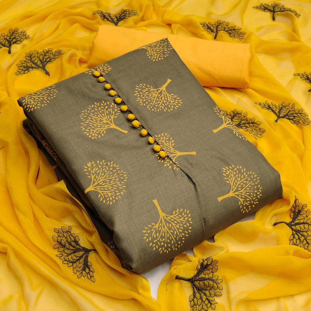 Grey Printed Cotton Dress Material