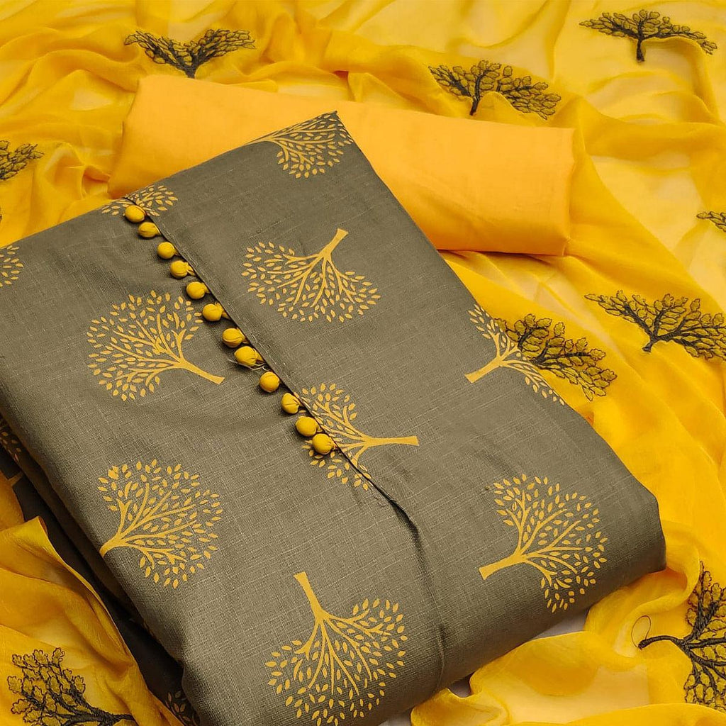 Grey Printed Cotton Dress Material