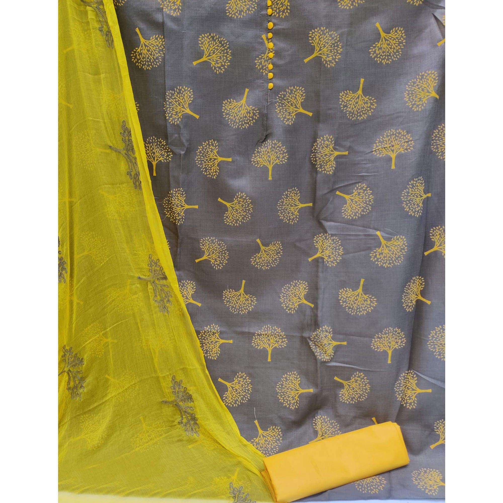 Grey Printed Cotton Dress Material