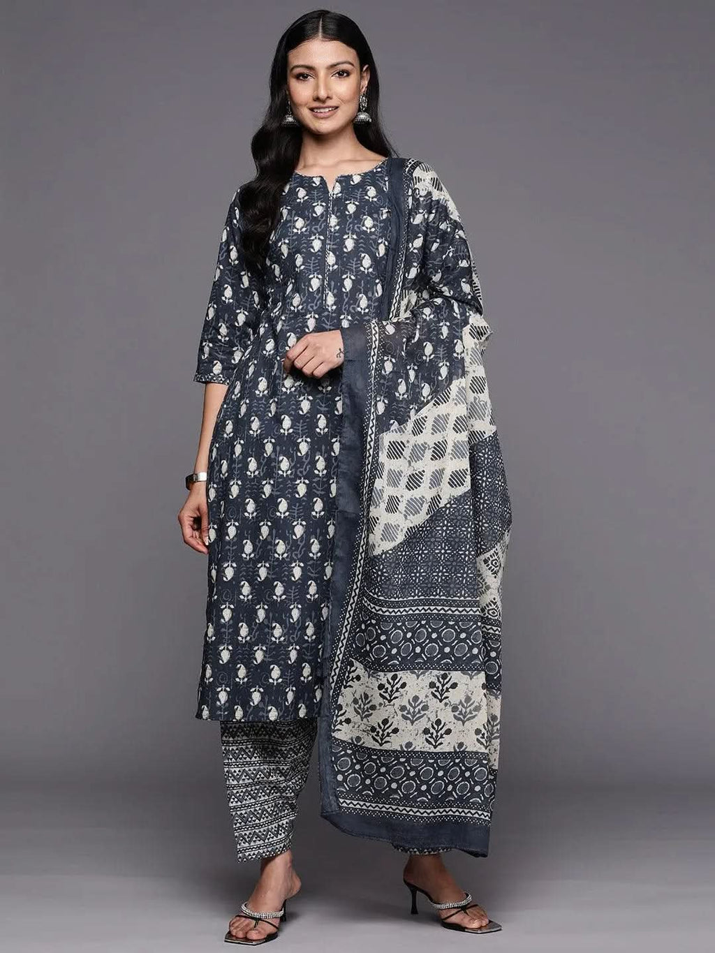 Grey Printed Cotton Straight Kurta With Salwar & Dupatta