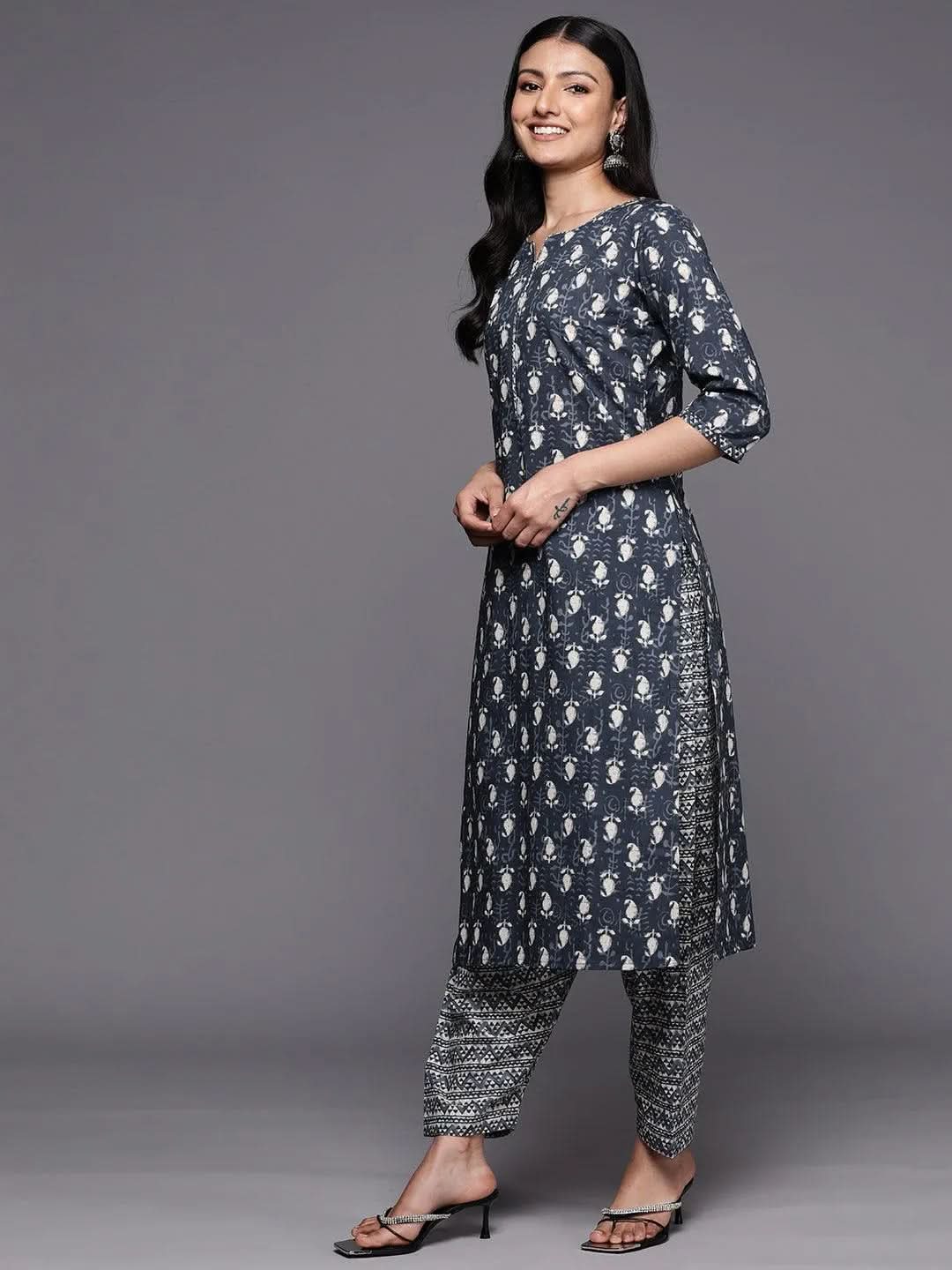 Grey Printed Cotton Straight Kurta With Salwar & Dupatta
