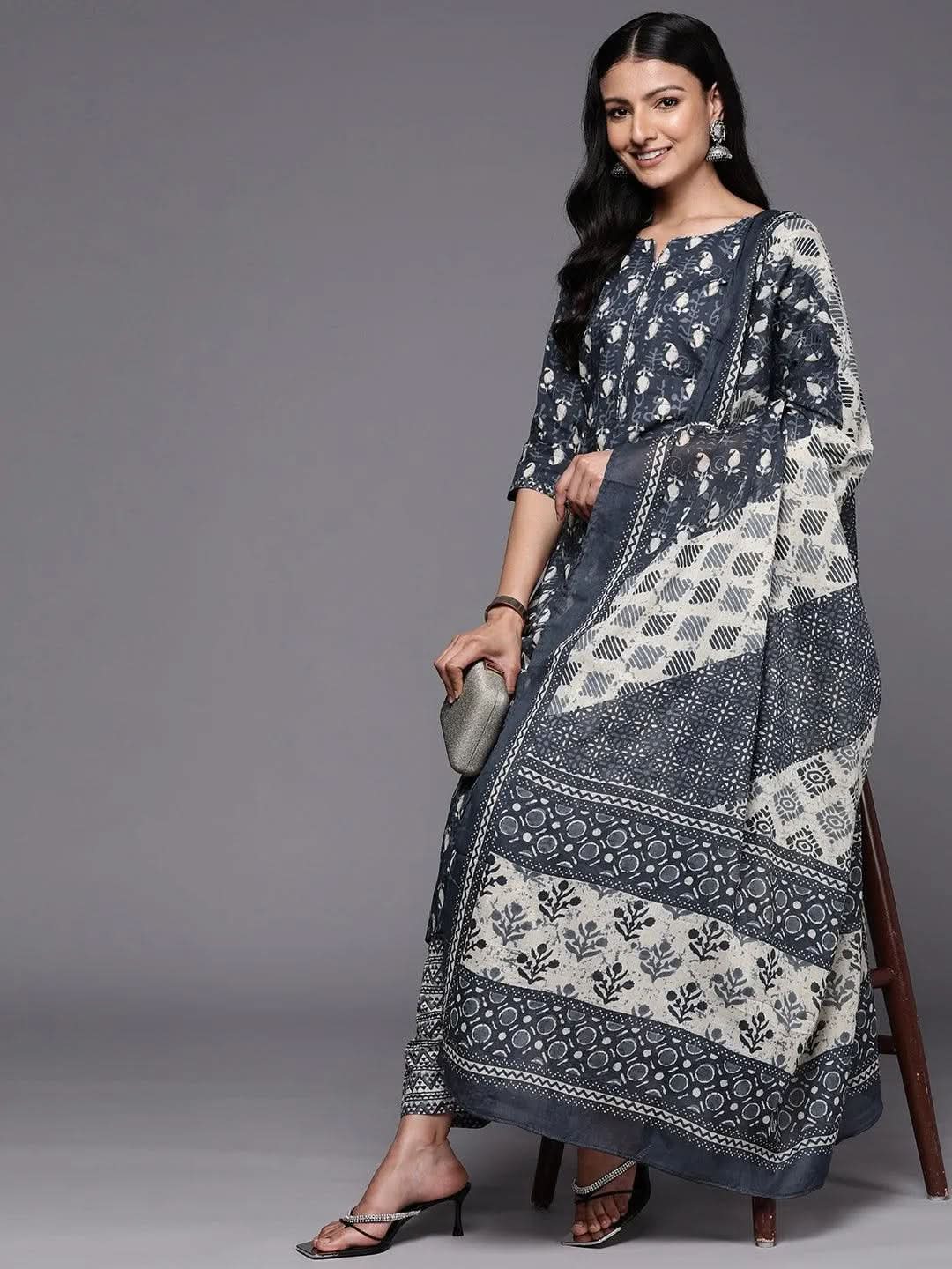 Grey Printed Cotton Straight Kurta With Salwar & Dupatta