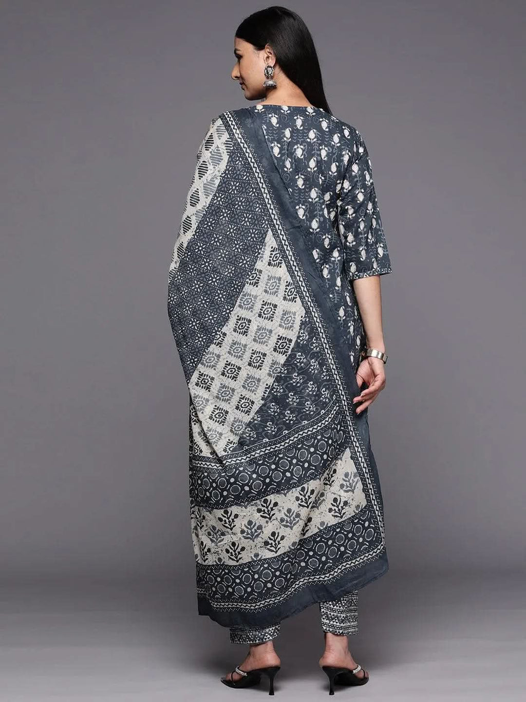 Grey Printed Cotton Straight Kurta With Salwar & Dupatta