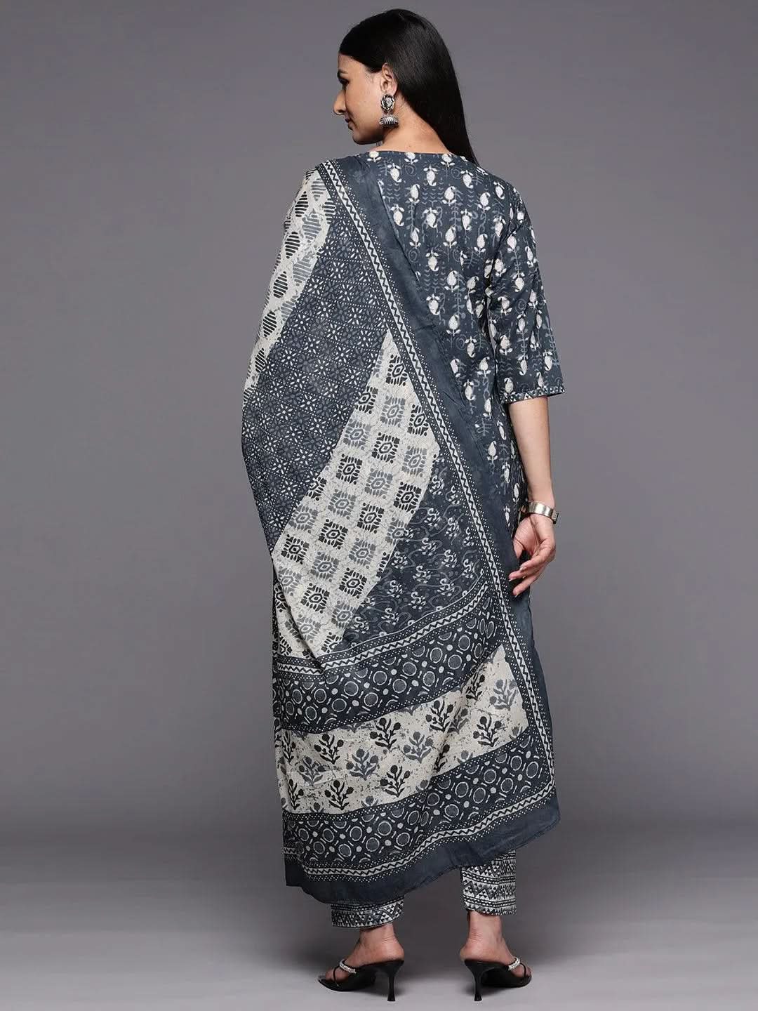 Grey Printed Cotton Straight Kurta With Salwar & Dupatta