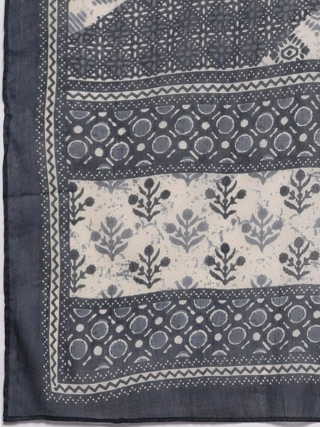 Grey Printed Cotton Straight Kurta With Salwar & Dupatta