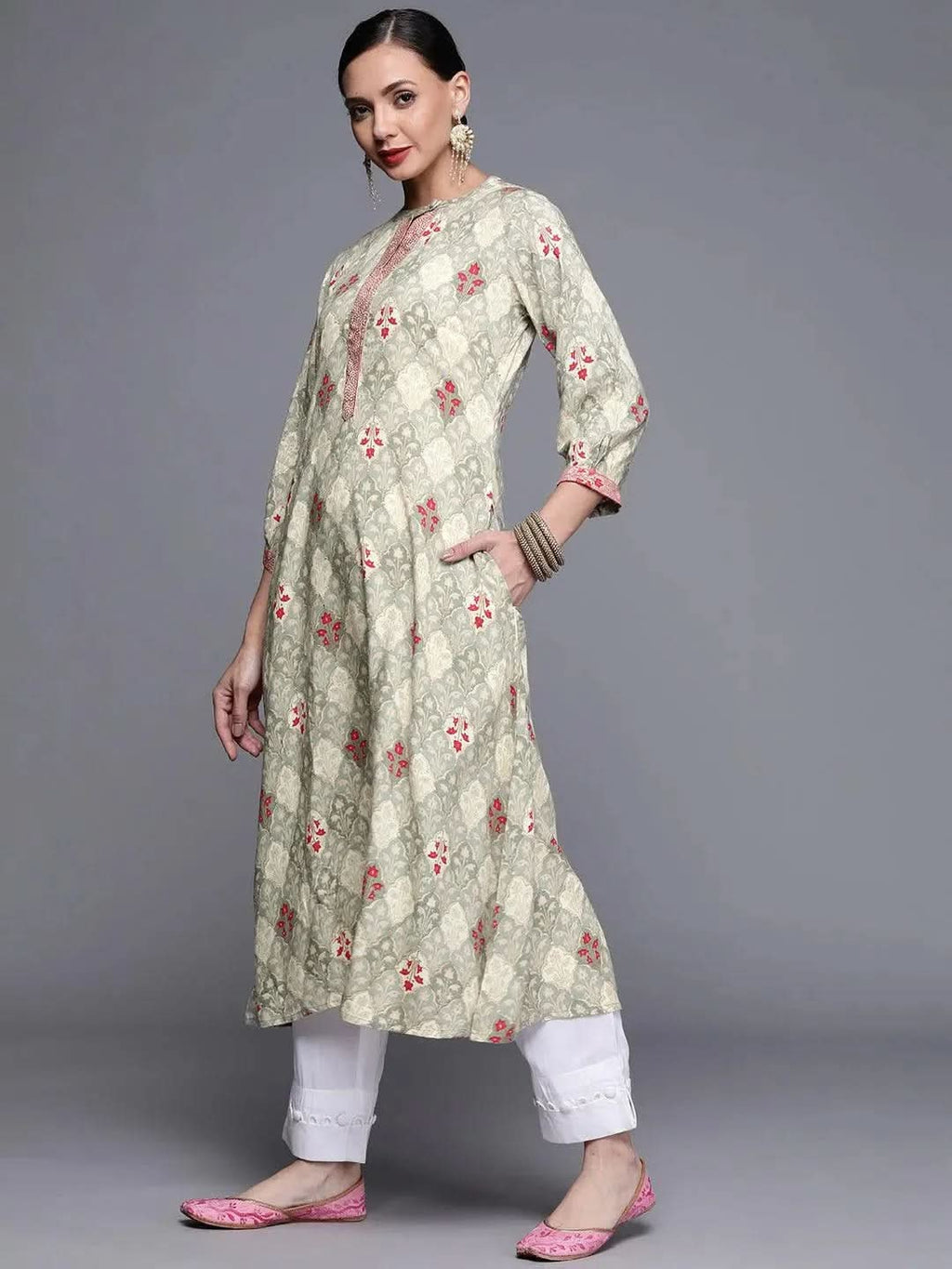 Grey Printed Rayon Kurta - Libas