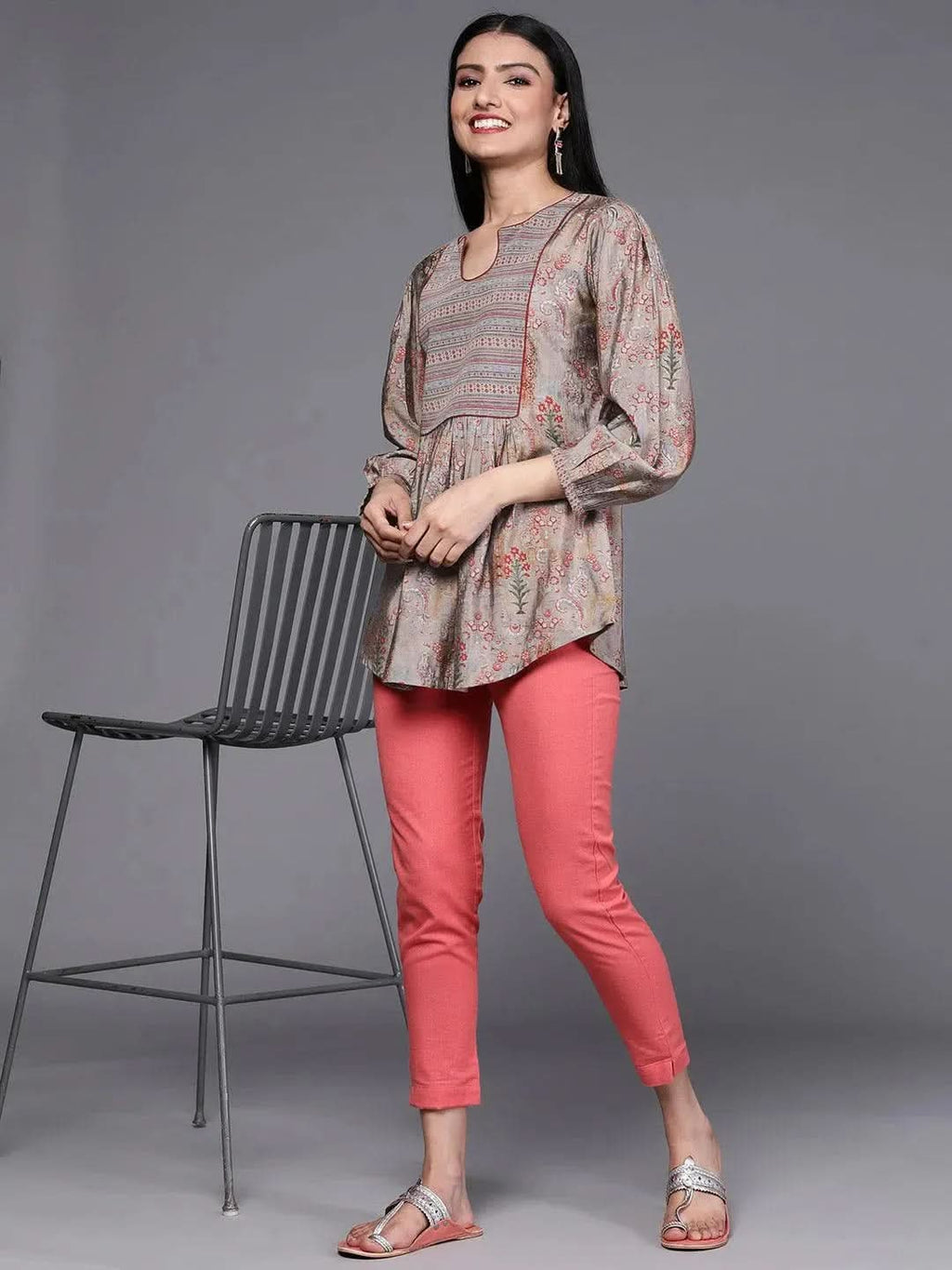 Grey Printed Silk Blend Kurti - Libas