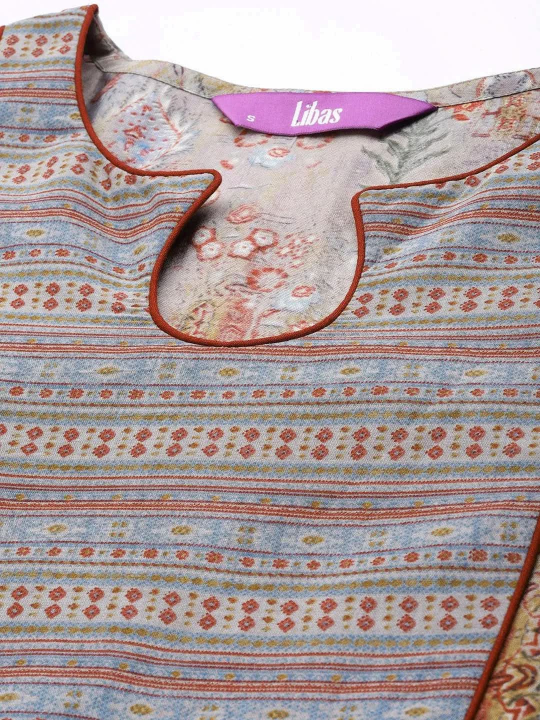 Grey Printed Silk Blend Kurti - Libas