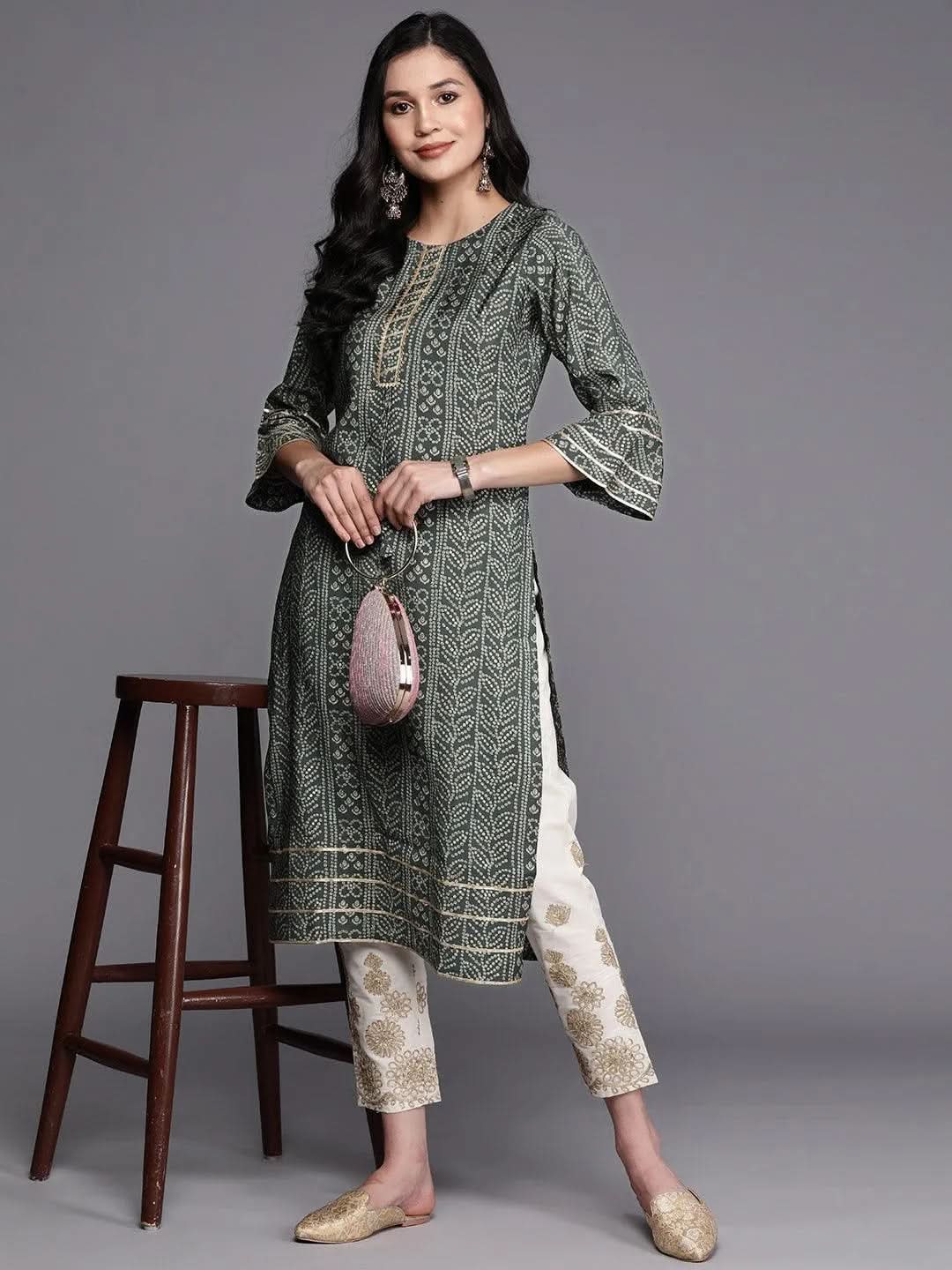 Grey Printed Silk Straight Kurta - Libas