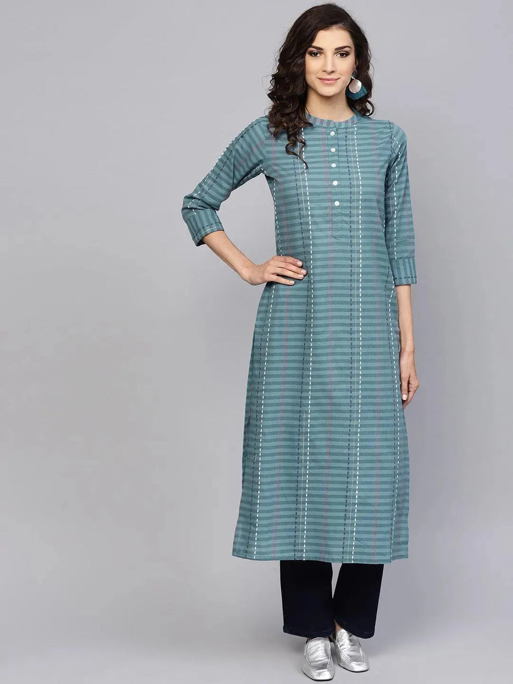 Grey Striped Cotton Kurta - Libas