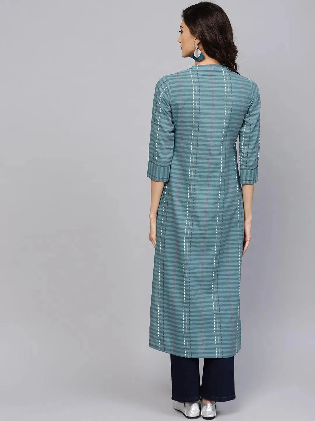 Grey Striped Cotton Kurta - Libas