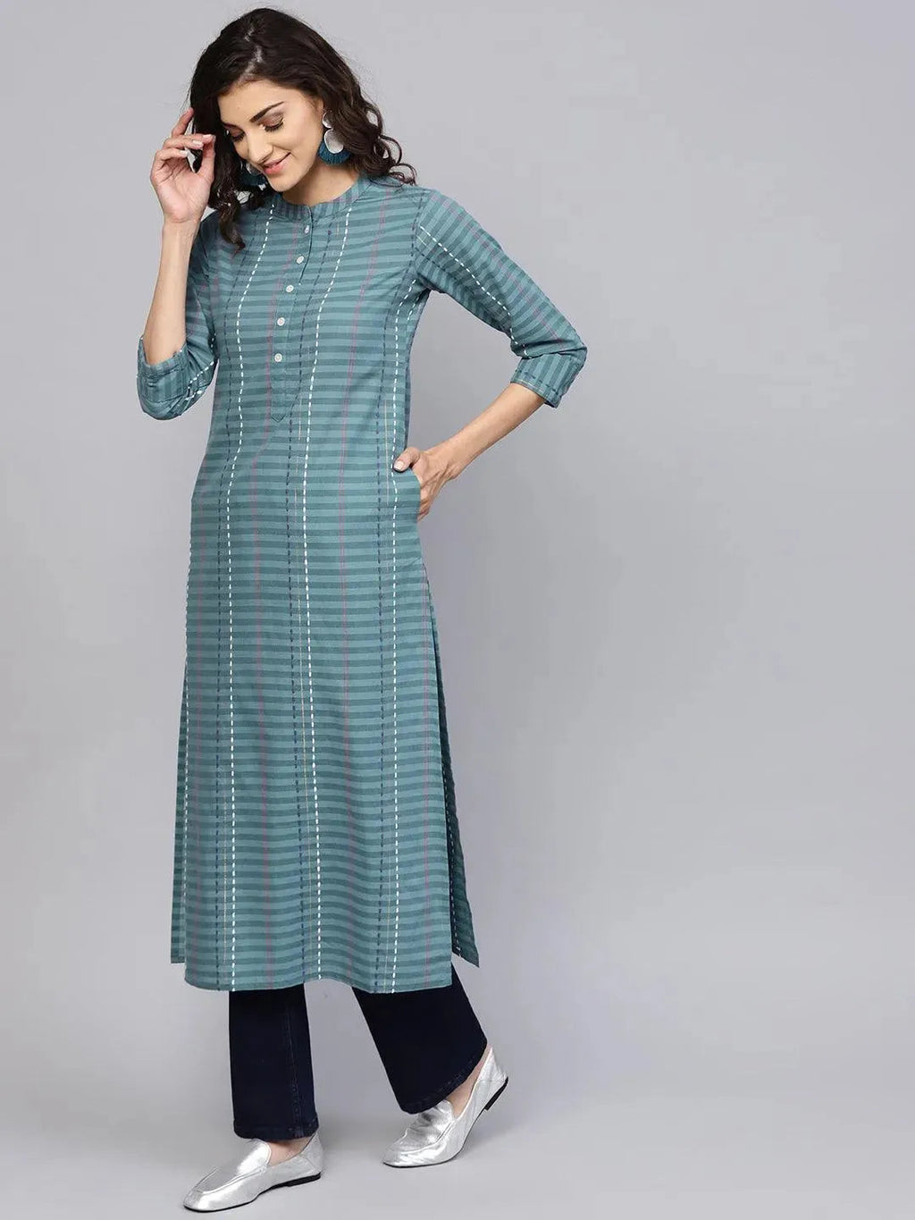Grey Striped Cotton Kurta - Libas