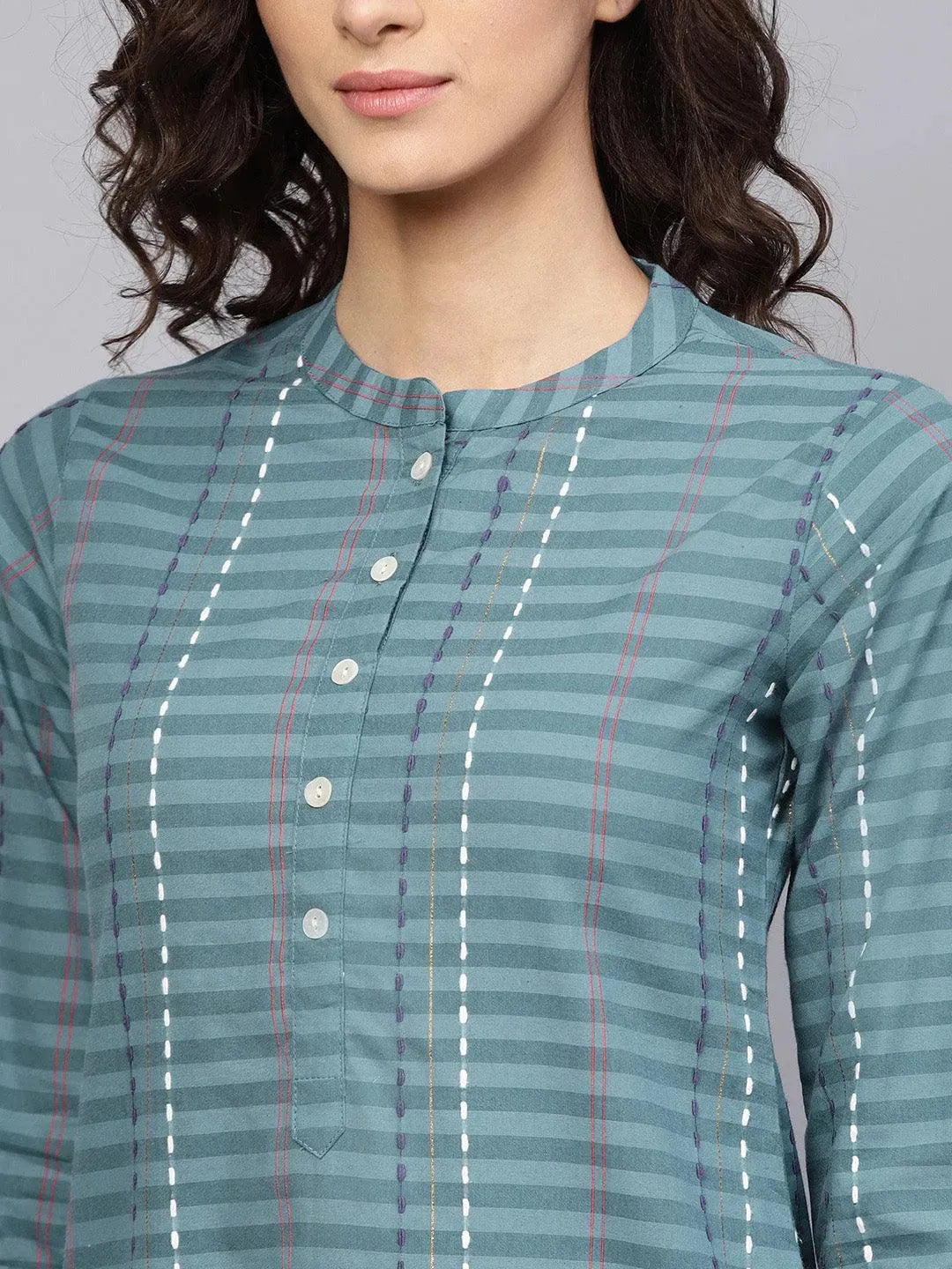 Grey Striped Cotton Kurta - Libas