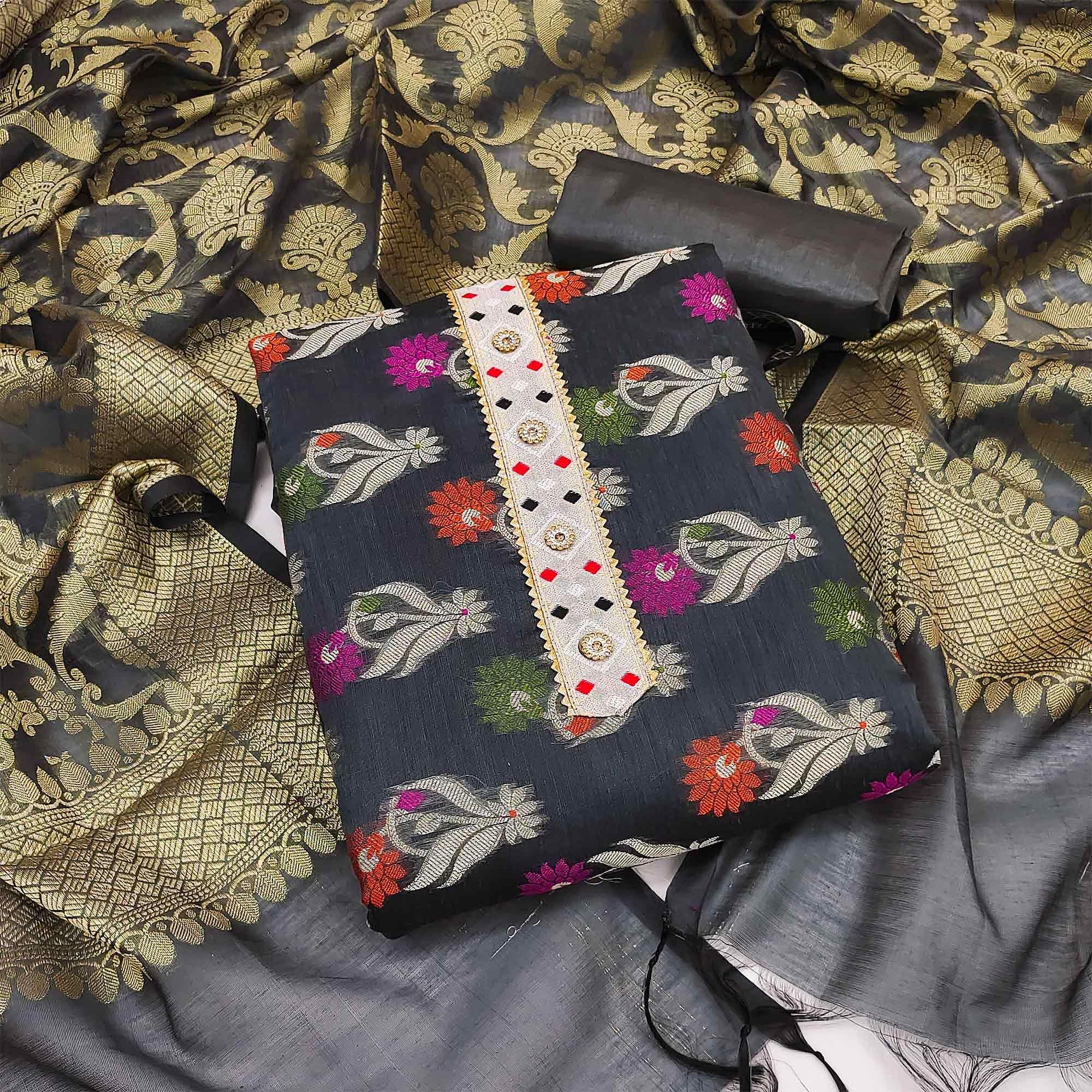 Grey Woven Banarasi Dress Material