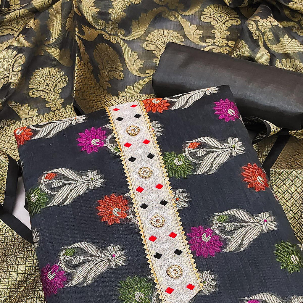 Grey Woven Banarasi Dress Material