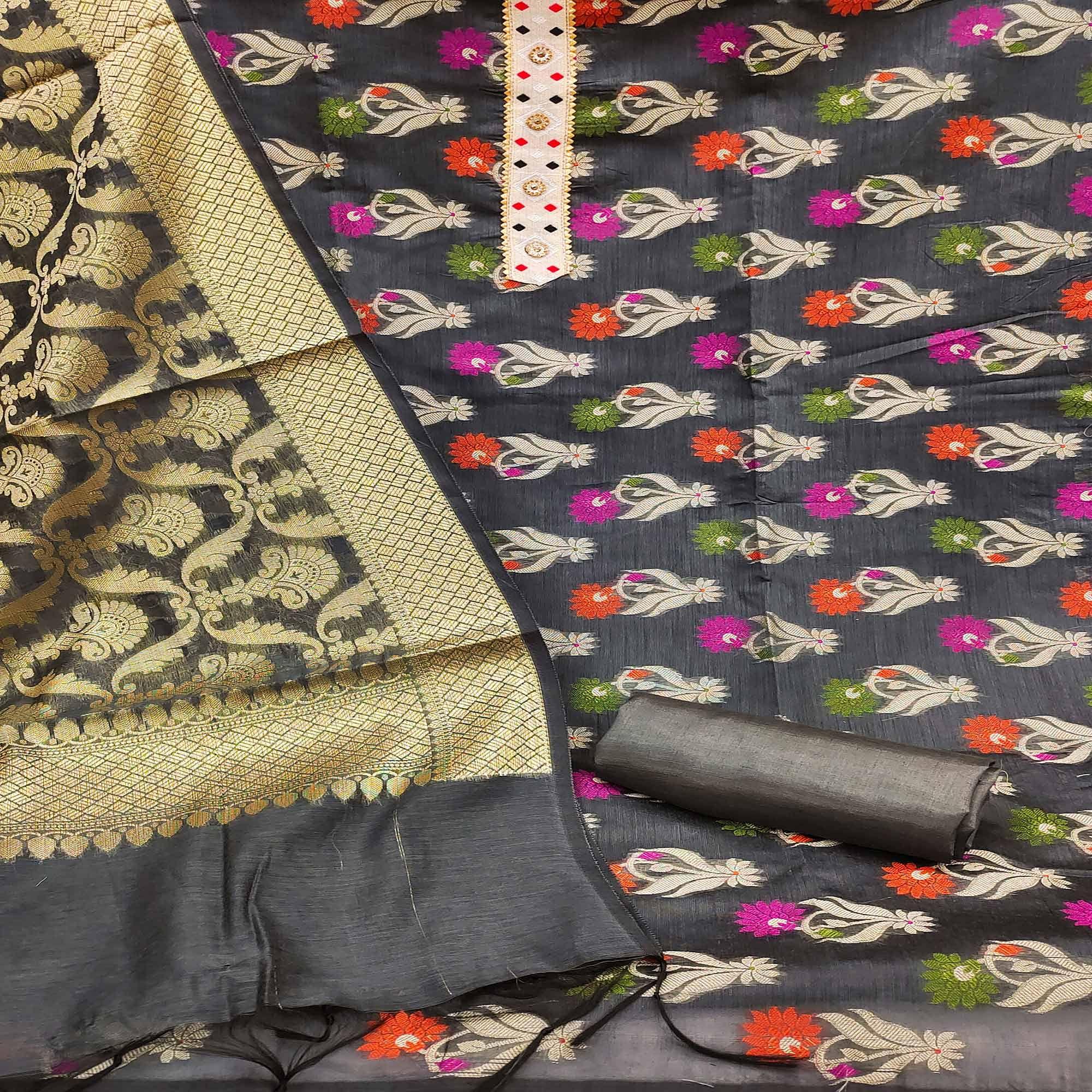 Grey Woven Banarasi Dress Material