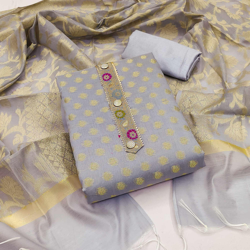 Grey Woven Banarasi Silk Dress Material