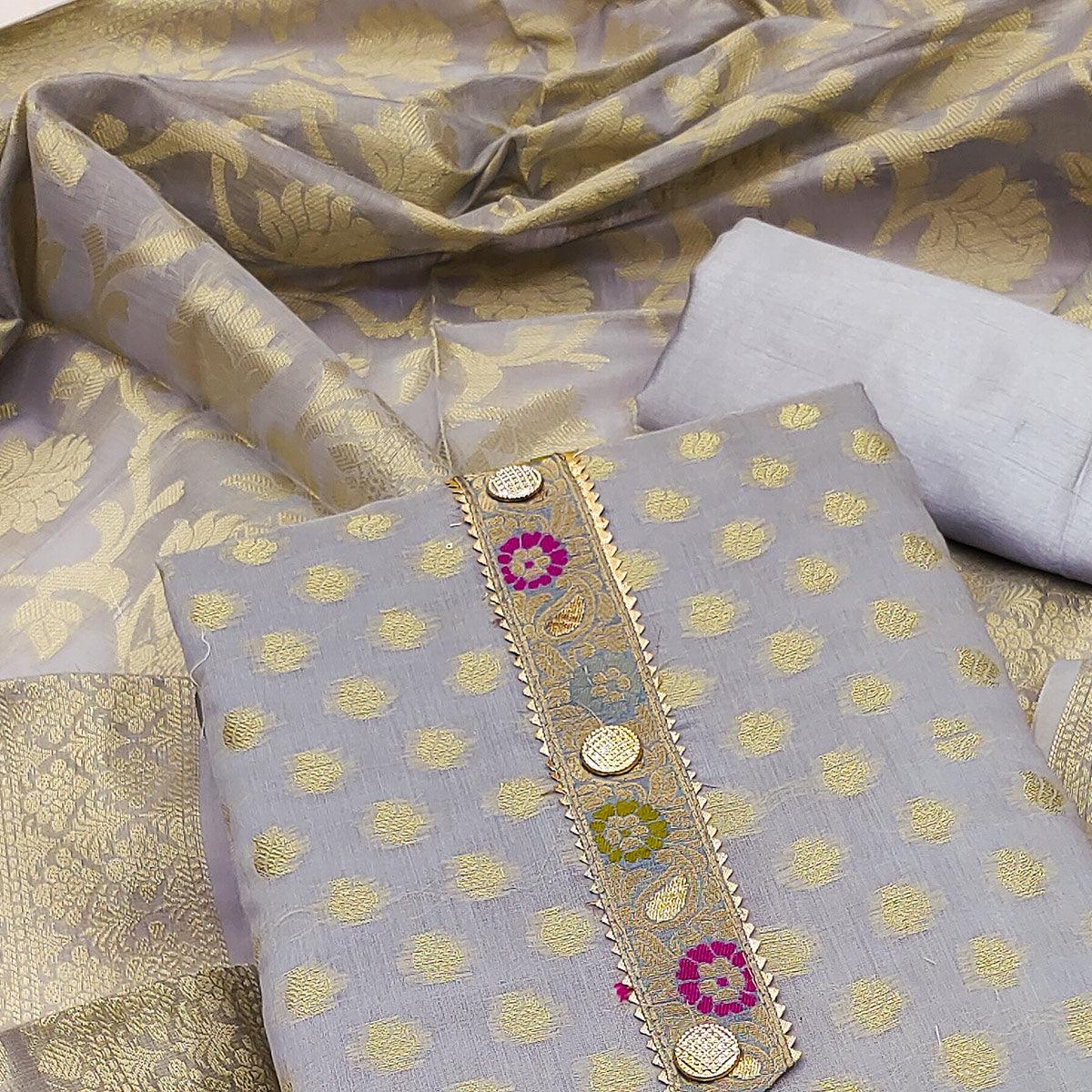 Grey Woven Banarasi Silk Dress Material