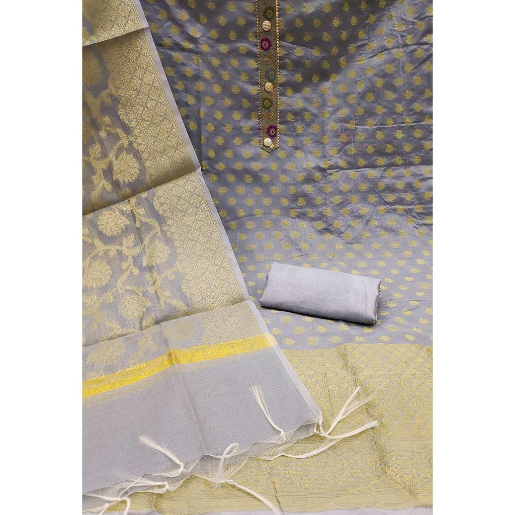 Grey Woven Banarasi Silk Dress Material