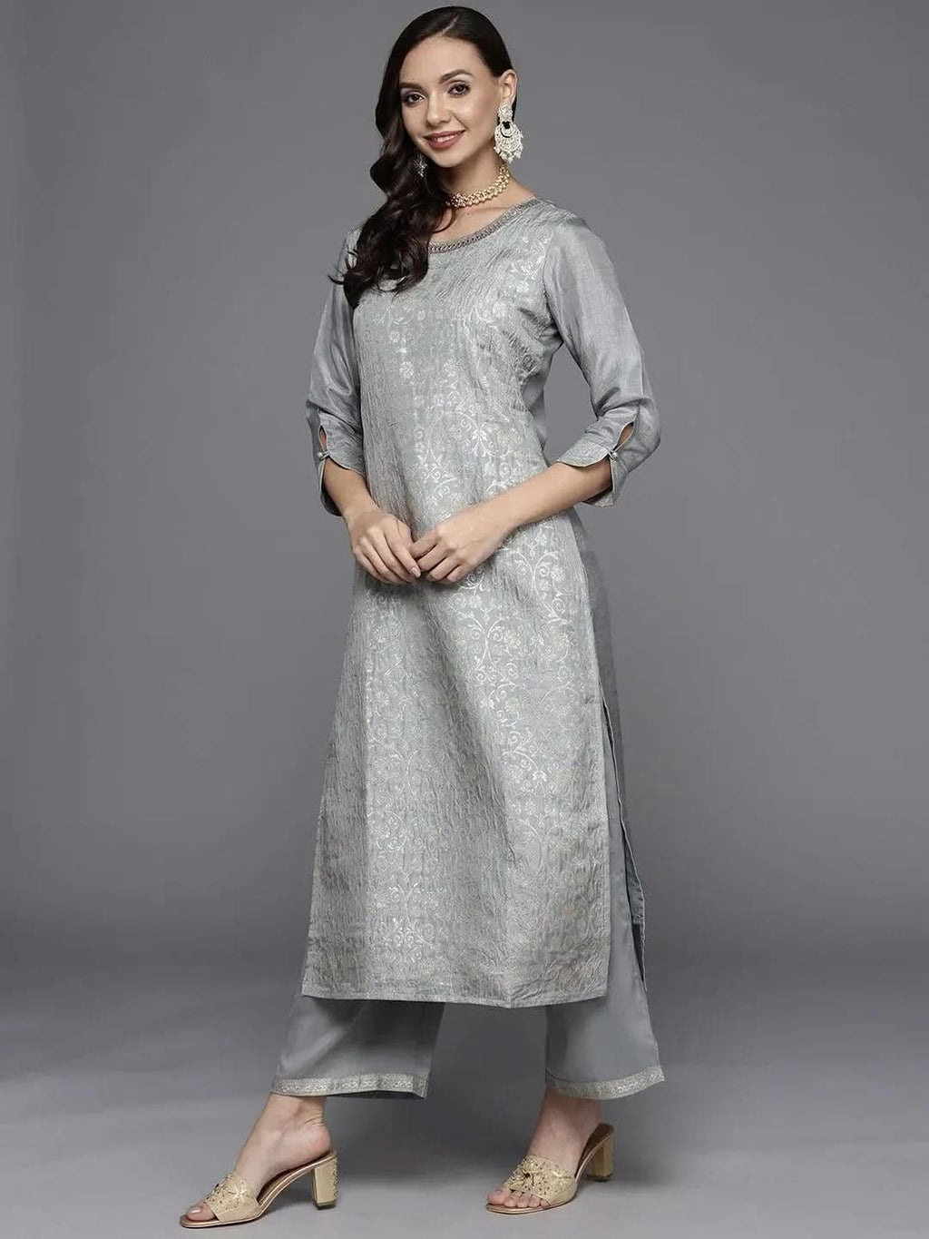 Grey Woven Design Silk Blend Straight Kurta With Palazzos & Dupatta