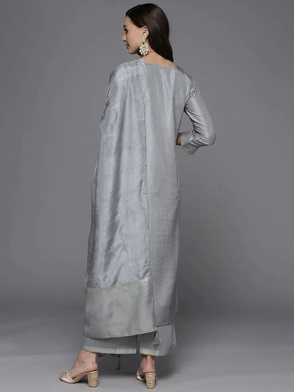 Grey Woven Design Silk Blend Straight Kurta With Palazzos & Dupatta