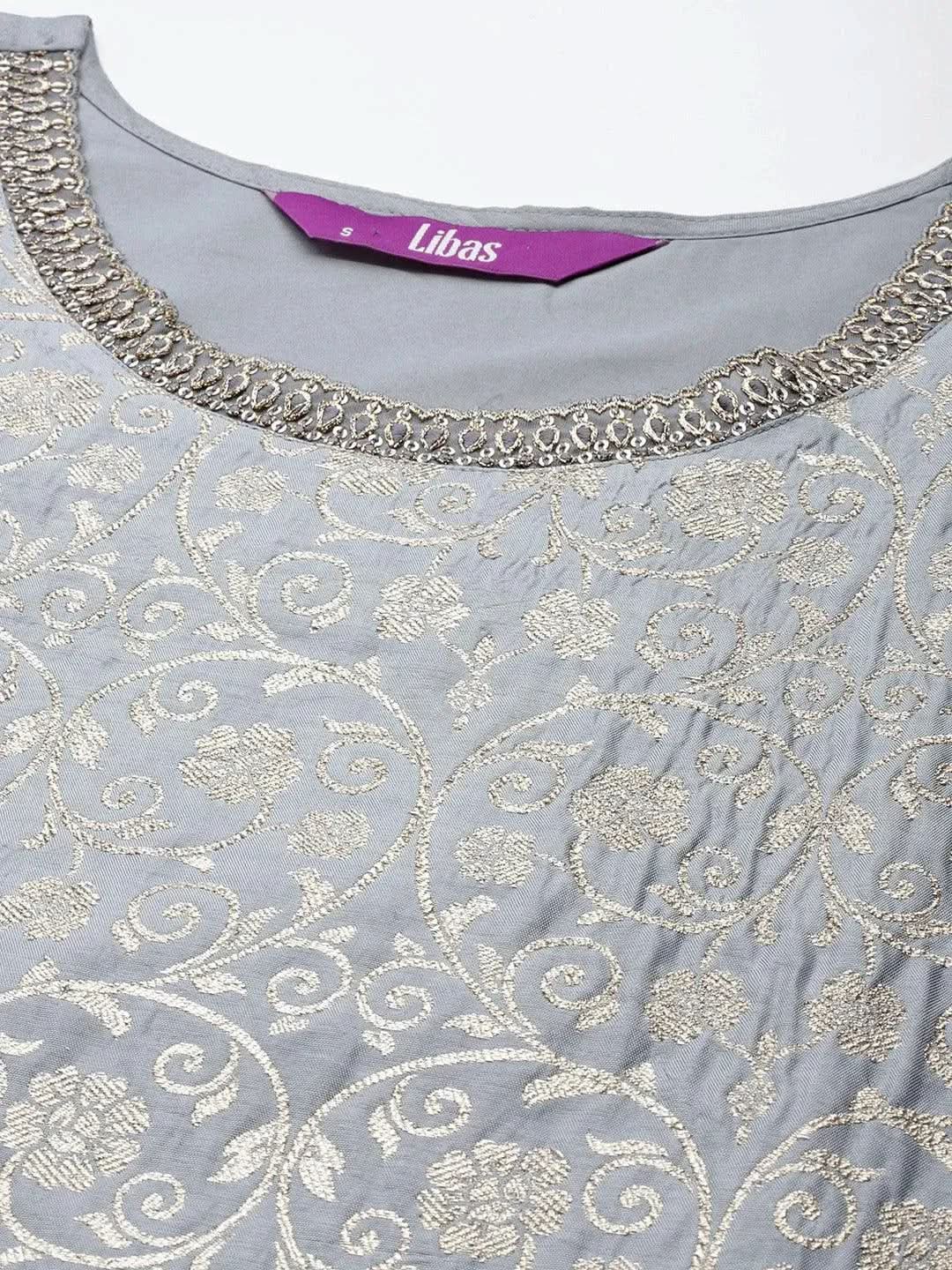 Grey Woven Design Silk Blend Straight Kurta With Palazzos & Dupatta
