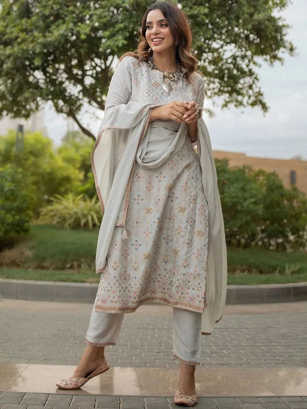 Grey Woven Design Silk Straight Kurta With Dupatta