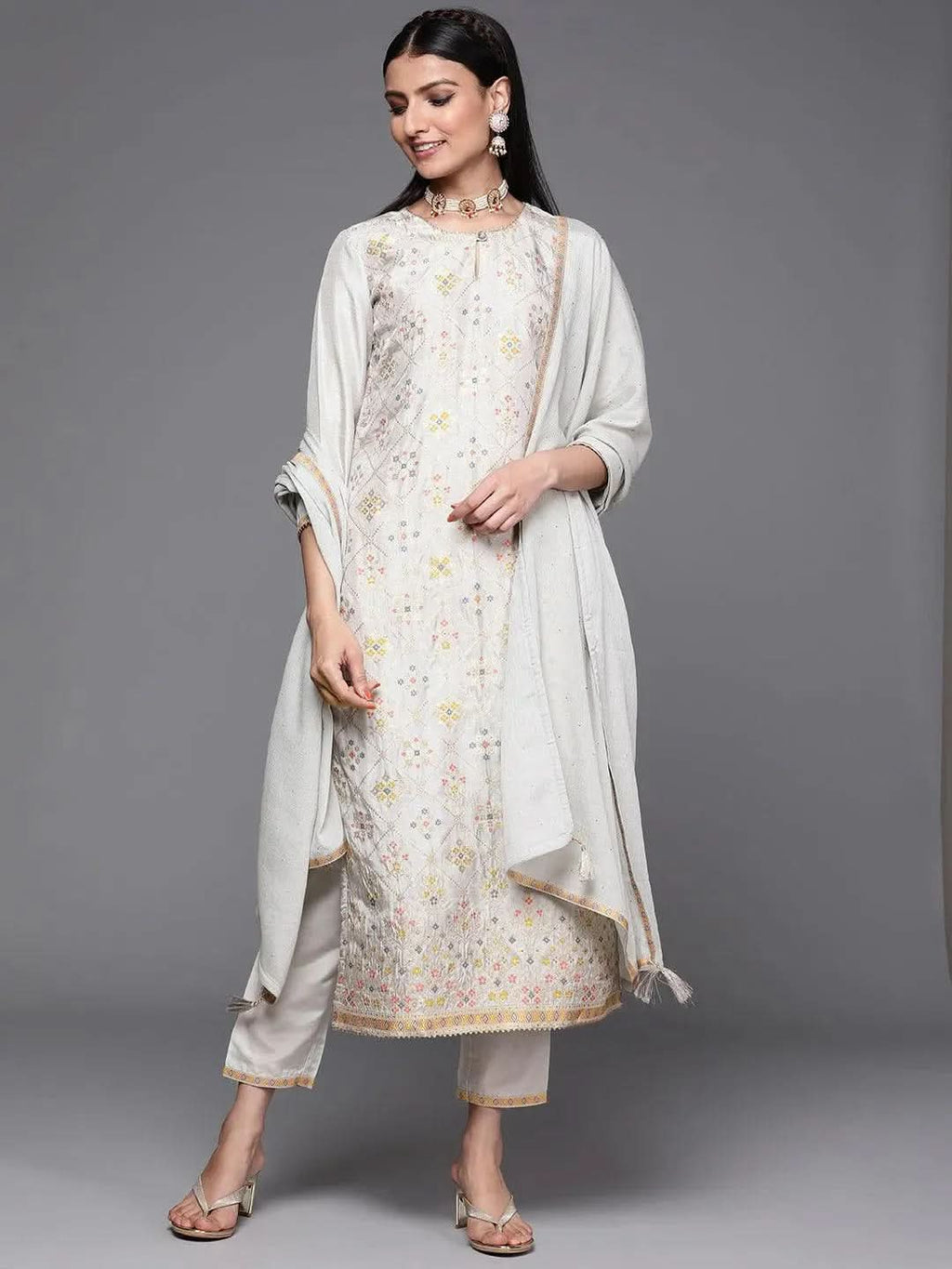 Grey Woven Design Silk Straight Kurta With Dupatta