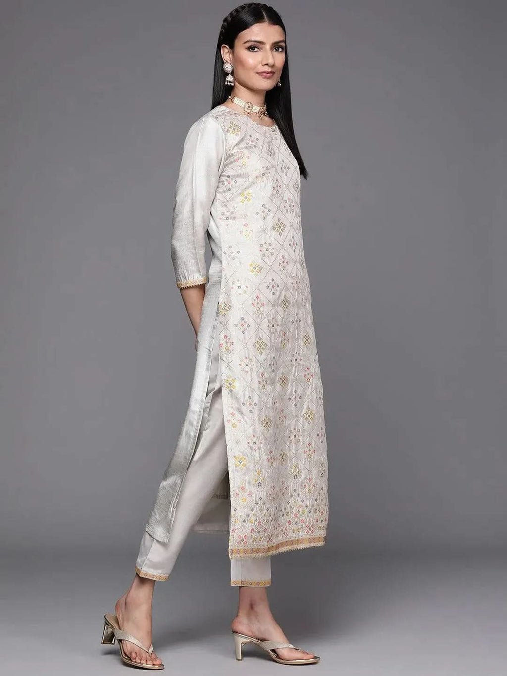 Grey Woven Design Silk Straight Kurta With Dupatta