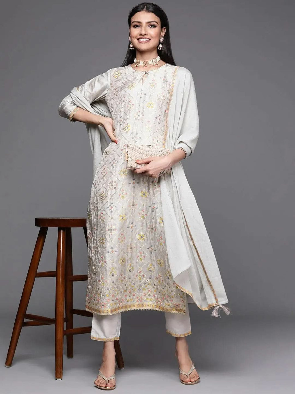 Grey Woven Design Silk Straight Kurta With Dupatta