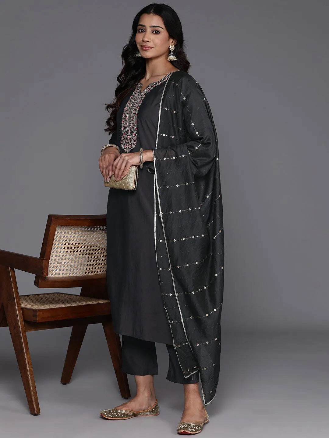 Grey Yoke Design Silk Blend Straight Suit With Dupatta