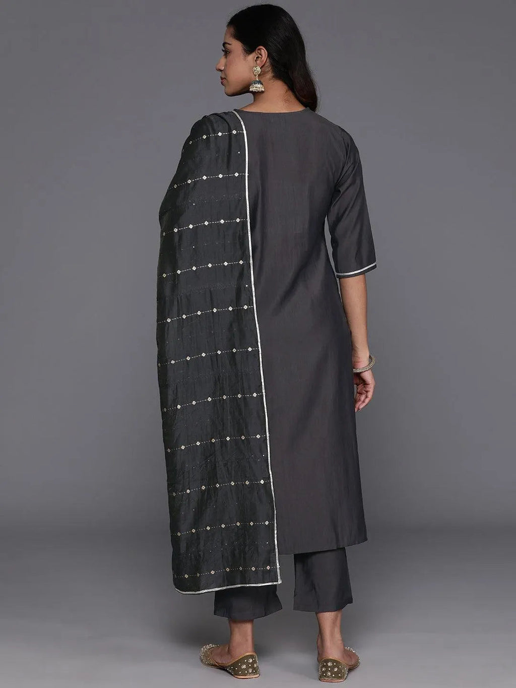 Grey Yoke Design Silk Blend Straight Suit With Dupatta